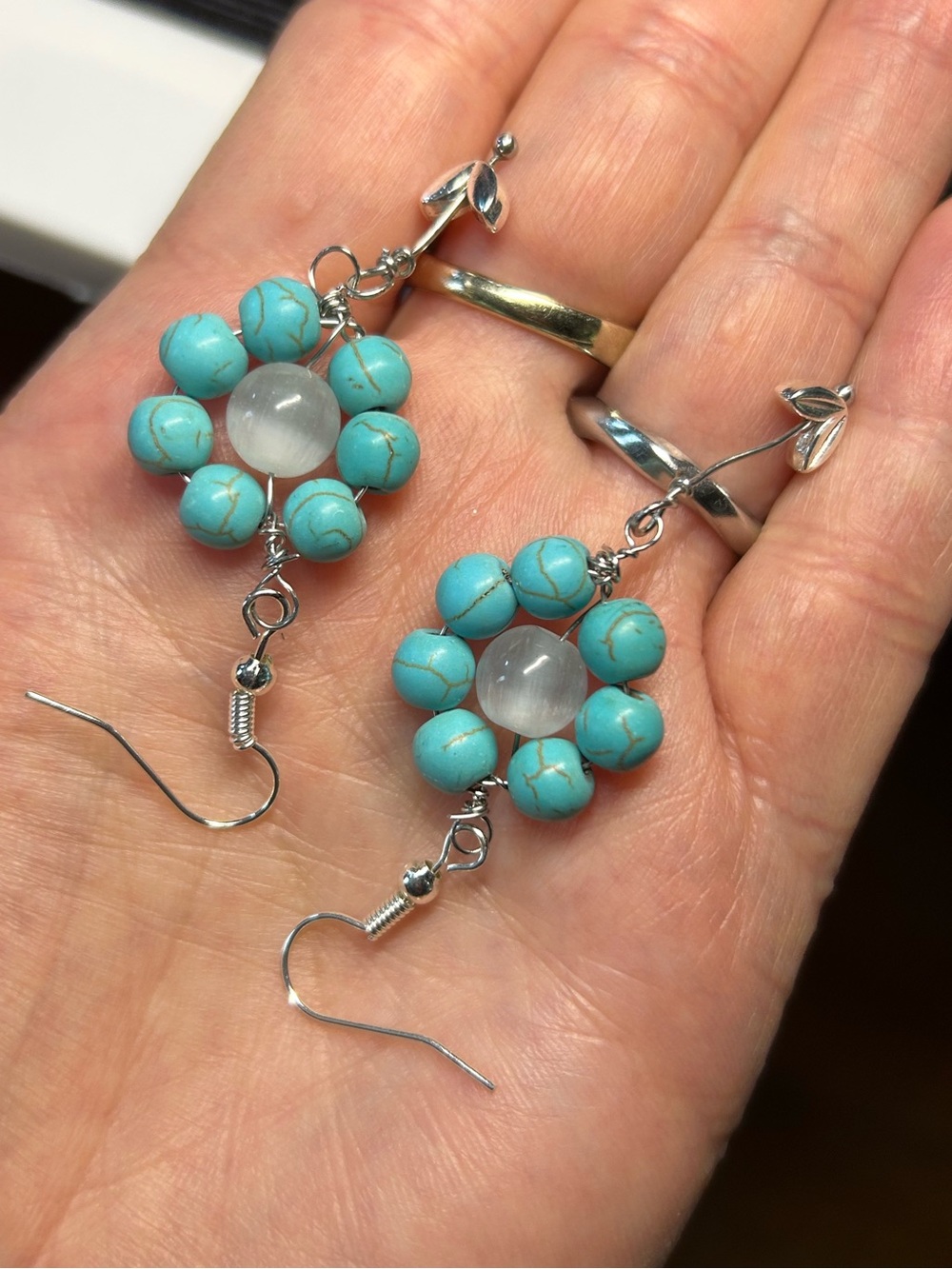 3/$25 Turquoise Flower Dangle Earrings with Silver Leaf Accent - Picture 2 of 5
